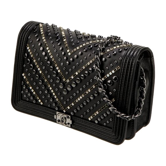 Chanel Calf Skin Crystal Studded Chevron Wallet on Chain - Picture 2 of 5